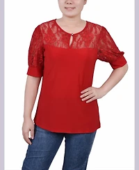 Ny Collection Petite Puff Sleeve Lace Top