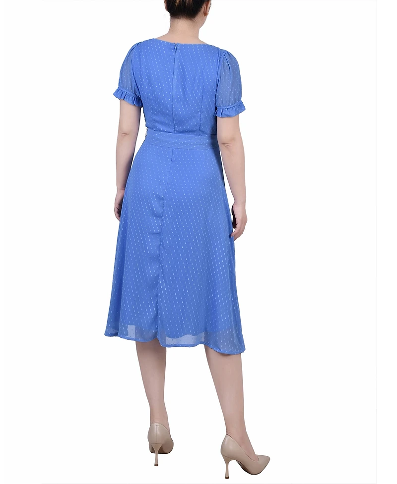 Ny Collection Petite Short Sleeve Belted Swiss Dot Dress