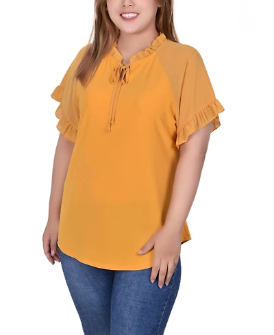 Ny Collection Plus Short Ruffled Sleeve Crepe Knit Top with Chiffon Sleeves