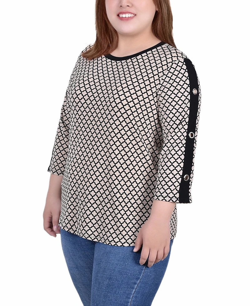 Ny Collection Plus Size 3/4 Sleeve Top with Combo Bands and Grommets
