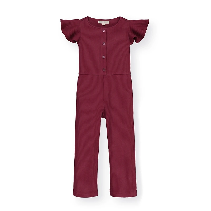 Hope & Henry Baby Girls Short Sleeve Rib Knit Button Front Jumpsuit