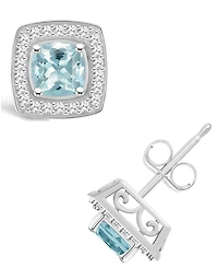 Macy's Aquamarine (1 ct. t.w.) and Diamond (1/5 ct. t.w.) Halo Studs in Sterling Silver