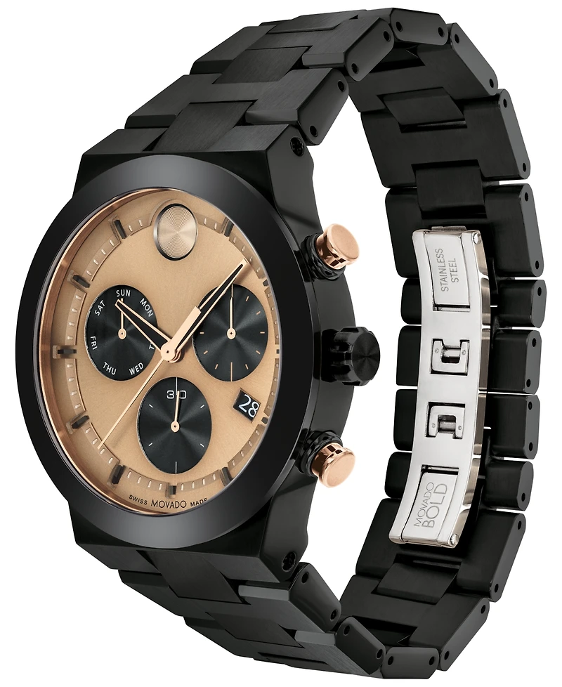Movado Men's Bold Fusion Swiss Quartz Chronograph Ionic Plated Black Steel Bracelet Watch 44mm