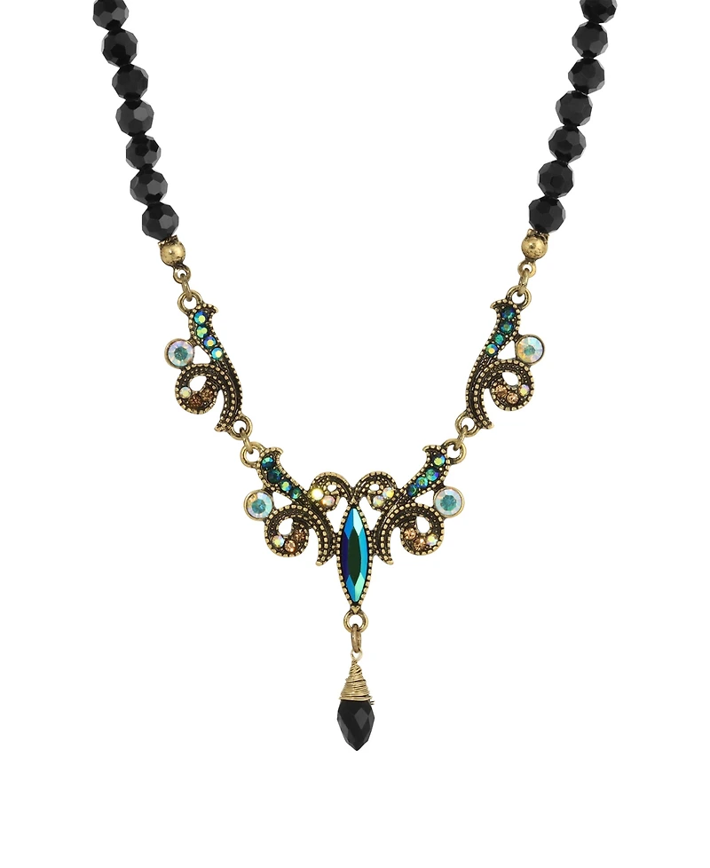 2028 Gold-Tone Blue Iridescent Aurora Borealis Glass Stone and Jet Bead Necklace