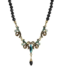 2028 Gold-Tone Blue Iridescent Aurora Borealis Glass Stone and Jet Bead Necklace
