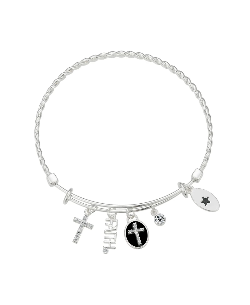 Unwritten Silver-Plated Cross "Faith" Multi Charm Twist Design Bangle Bracelet