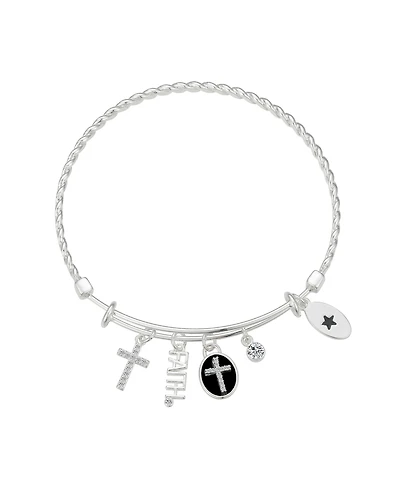 Unwritten Silver-Plated Cross "Faith" Multi Charm Twist Design Bangle Bracelet