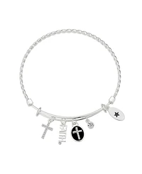 Unwritten Silver-Plated Cross "Faith" Multi Charm Twist Design Bangle Bracelet