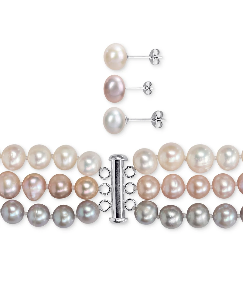 7-Pc. Set White, Black, & Gray Cultured Freshwater Pearl (7-1/2 - 8mm) Necklace, Bracelets, & Stud Earrings