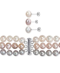 7-Pc. Set White, Black, & Gray Cultured Freshwater Pearl (7-1/2 - 8mm) Necklace, Bracelets, & Stud Earrings