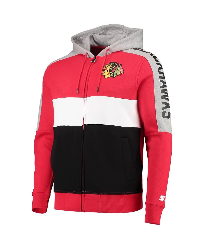 Men's Starter Red and Black Chicago Blackhawks Playoffs Color Block Full-Zip Hoodie