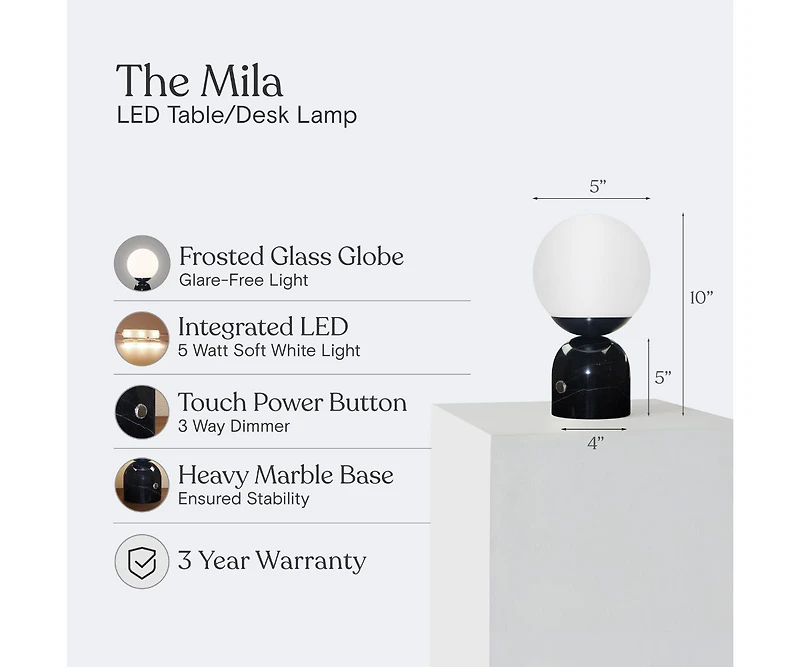 Mila 10" Dimmable Led Table Lamp with Marble Base