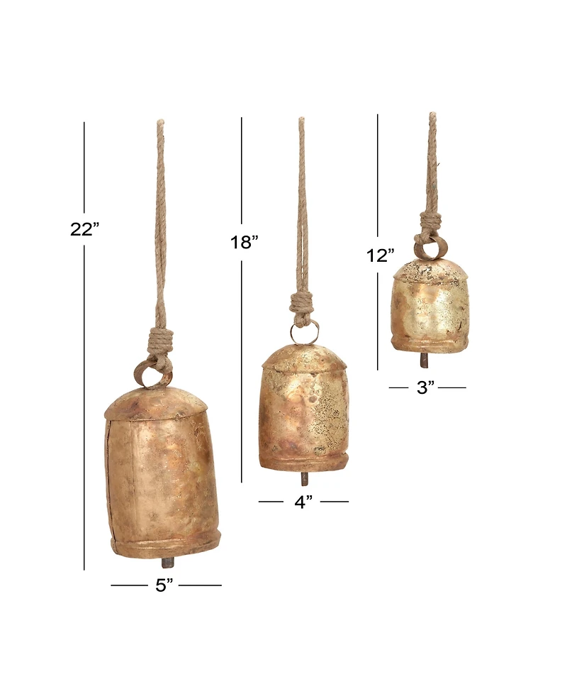 Rosemary Lane Bronze Metal Rustic Decorative Cow Bell with Jute Hanging Rope Set 3 Pieces