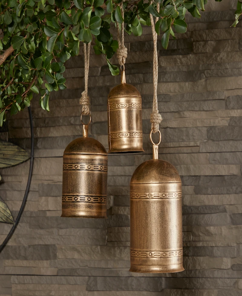 Rosemary Lane Gold-Tone Metal Bohemian Decorative Cow Bell with Jute Hanging Rope Set 3 Pieces