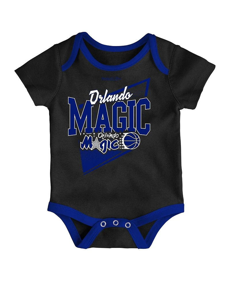 Infant Boys and Girls Mitchell & Ness Black, Blue Orlando Magic Hardwood Classics Bodysuits Cuffed Knit Hat Set