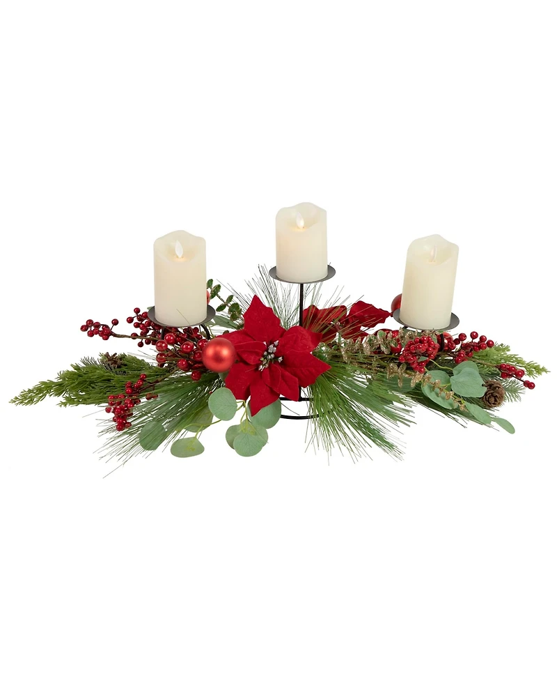 Northlight Triple Candle Holder With Berry and Poinsettia Christmas Decor, 32"