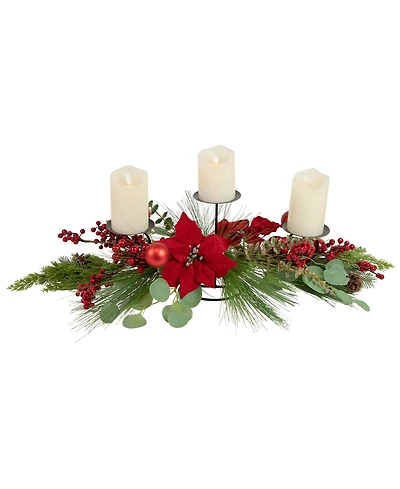 Northlight Triple Candle Holder With Berry and Poinsettia Christmas Decor, 32"