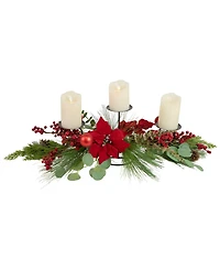 Northlight Triple Candle Holder With Berry and Poinsettia Christmas Decor, 32"