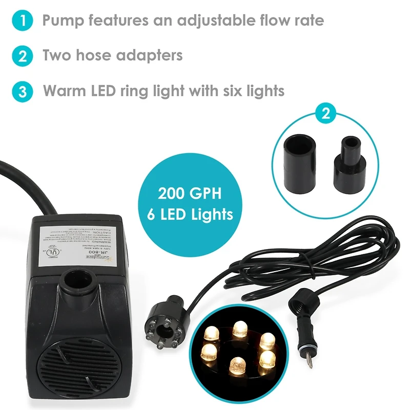 200 Gph Pump for Outdoor Fountains, Aquariums, or Bird Baths - White Led Light and Transformer - 12 Volts