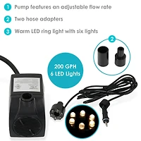 200 Gph Pump for Outdoor Fountains, Aquariums, or Bird Baths - White Led Light and Transformer - 12 Volts