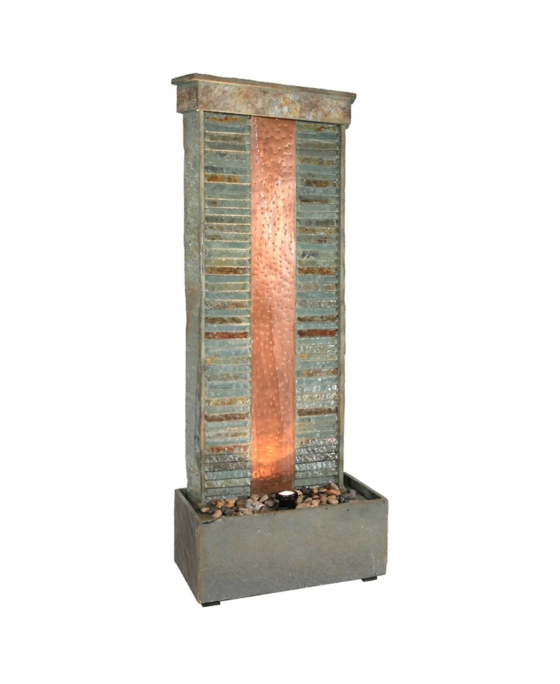 48"H Electric Natural Slate with Copper Accents Rippled Column Outdoor Water Fountain with Led Spotlight