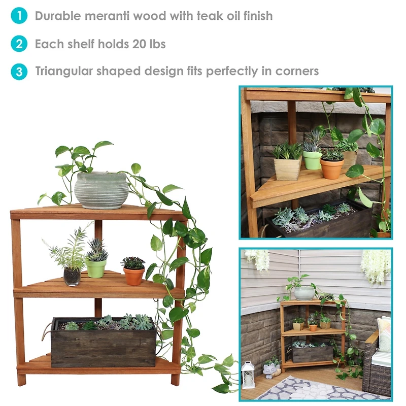 Meranti Wood 3-Tier Corner Plant Stand Shelves with Teak Oil Finish - Indoor/Outdoor Wooden Planter Furniture