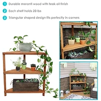 Meranti Wood 3-Tier Corner Plant Stand Shelves with Teak Oil Finish - Indoor/Outdoor Wooden Planter Furniture