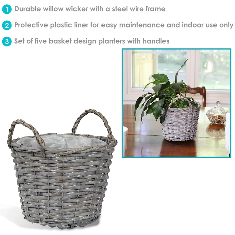 5-Piece Wicker Planter Basket Set with Handles - Plastic Lined Containers - For Indoor Use Only - Willow Wicker Construction with Steel Wire Frame