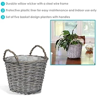 5-Piece Wicker Planter Basket Set with Handles - Plastic Lined Containers - For Indoor Use Only - Willow Wicker Construction with Steel Wire Frame