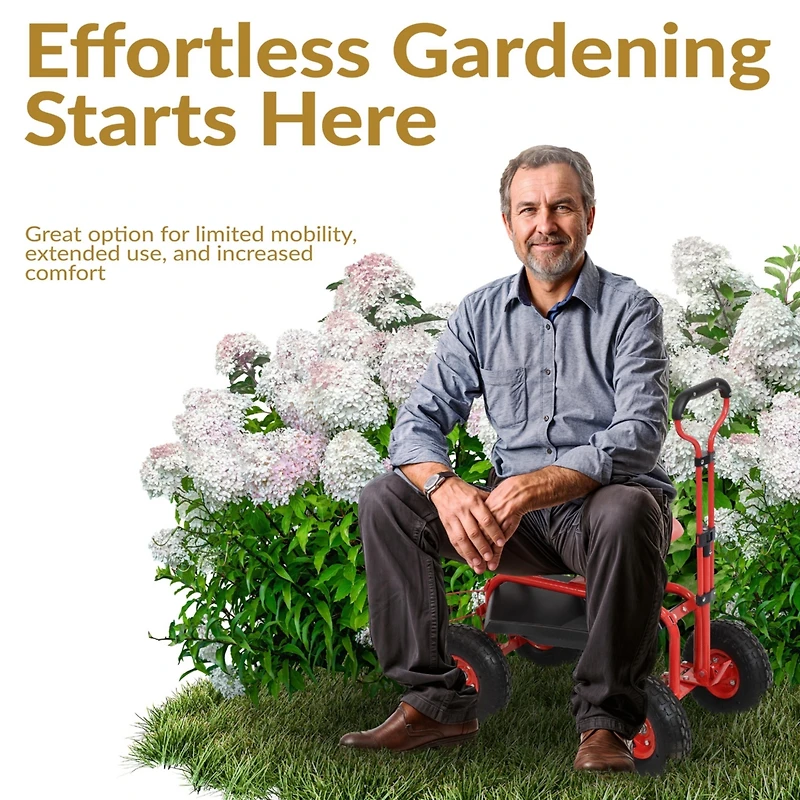 Garden Seat with Wheels - Rolling Garden Stool with Extendable Steer Handle, Swivel Seat and Utility Tool Tray