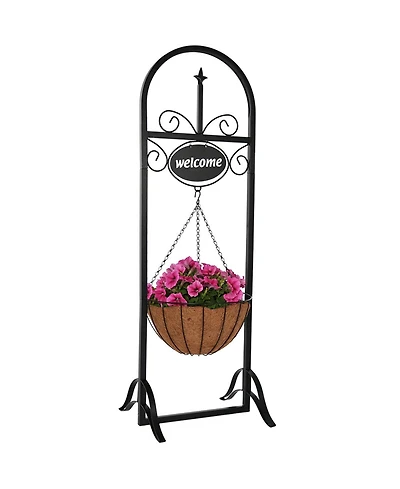Sunnydaze Decor Hanging Basket Planter Stand with Decorative "Welcome" Sign - 48-Inch Tall
