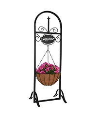 Sunnydaze Decor Hanging Basket Planter Stand with Decorative "Welcome" Sign - 48-Inch Tall