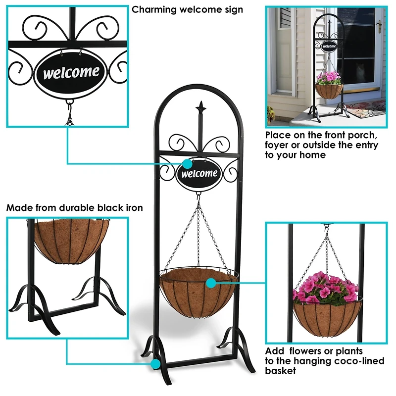 Sunnydaze Decor Hanging Basket Planter Stand with Decorative "Welcome" Sign - 48-Inch Tall