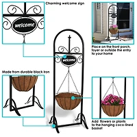 Sunnydaze Decor Hanging Basket Planter Stand with Decorative "Welcome" Sign - 48-Inch Tall