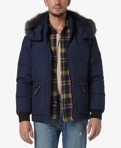 Marc New York Men's Down Bomber with Faux Fur Trim and Removable Hood