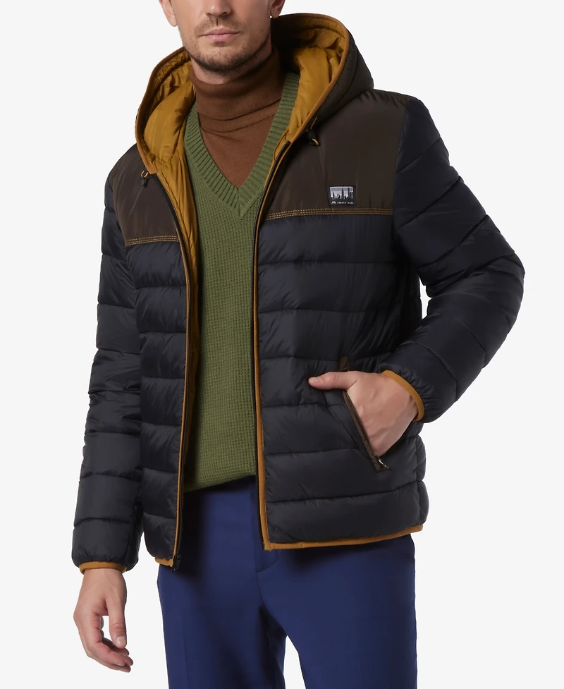 Marc New York Men's Malone Mixed-Media Colorblocked Packable Hooded Jacket