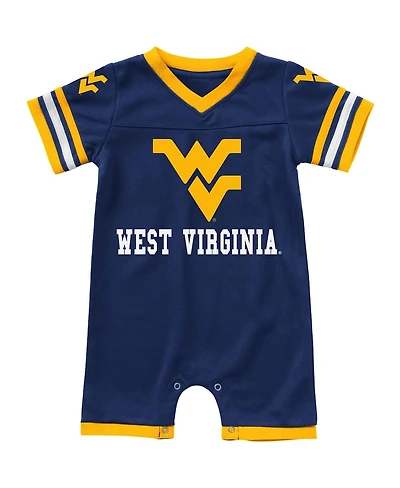 Newborn and Infant Boys Girls Colosseum Navy West Virginia Mountaineers Bumpo Football Logo Romper