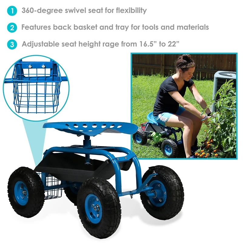 Rolling Gardening Cart with Adjustable 360-Degree Swivel Seat - Utility Tool Tray and Storage Basket