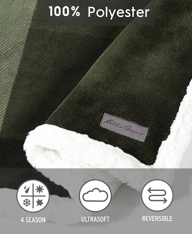 Eddie Bauer Pine Plaid Ultra Soft Plush Fleece Reversible Throw, 60" x 50"