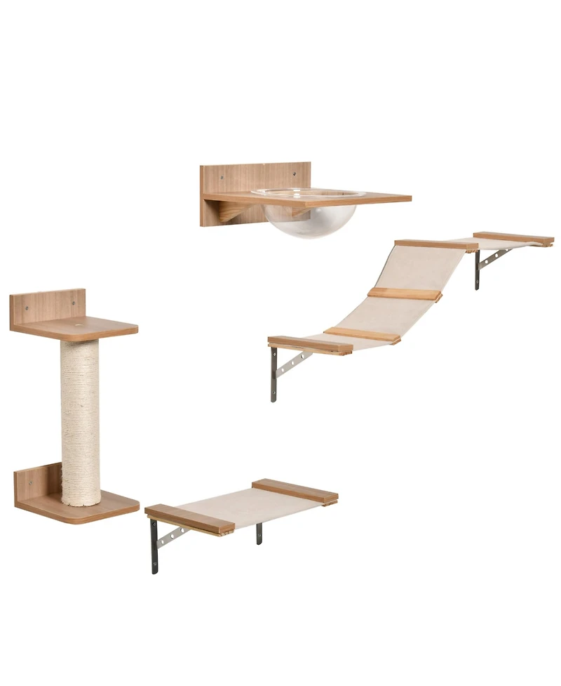 PawHut Cat Tree 4pc Mounted Shelf Set Bowl Climbing Hammock Shelves Beige