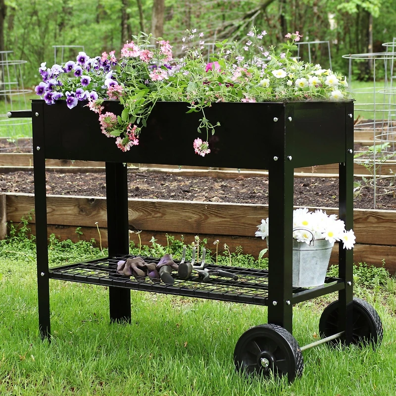 43-Inch Galvanized Steel Raised Garden Bed Cart - Outdoor Elevated Planter with Wheels for Vegetables