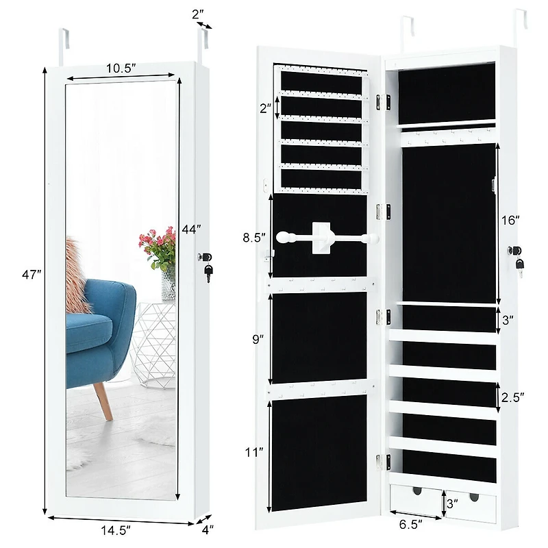 Costway Wall Mounted Mirrored Jewelry Cabinet Organizer w/Led Lights