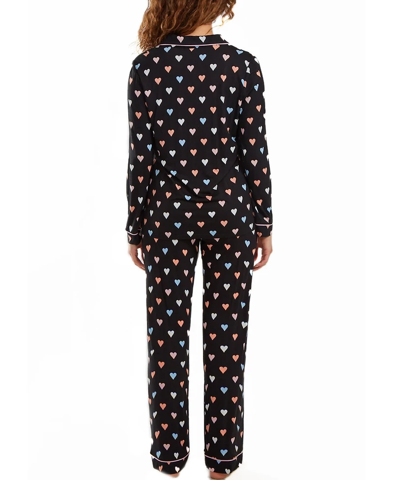 iCollection Women's Tobey Button Down Modal Pajama Pant Set with Pink Contrast Trim, 2 Piece