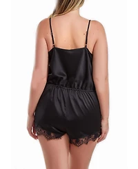 iCollection Jeanie Plus Size Satin Romper with Front Drape and Floral Eyelash Lace Trim