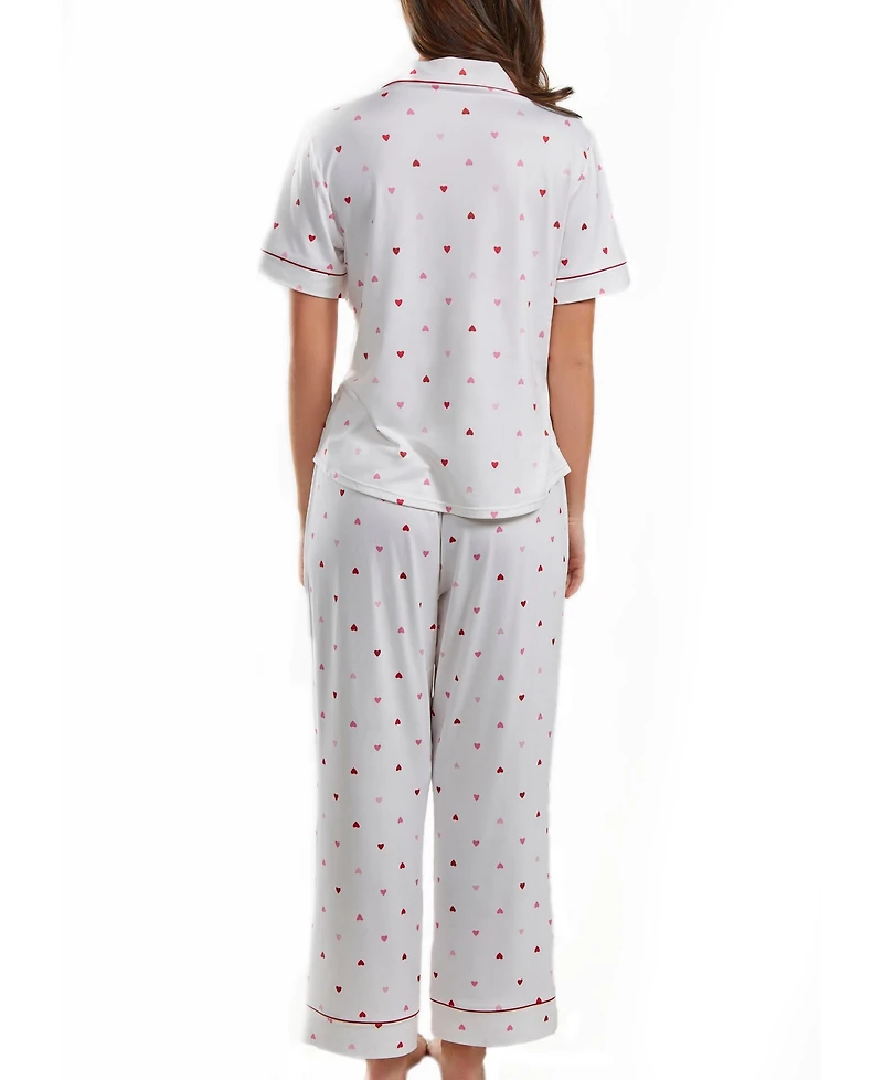 iCollection Women's Kyley Pajama Heart Print Pant Set Trimmed Red, 2 Piece
