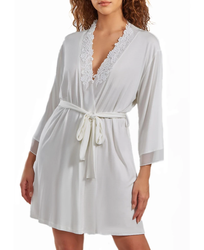 iCollection Women's Cyrus Lace Robe with Mesh Trimmed Sleeves and Self Tie with Sash