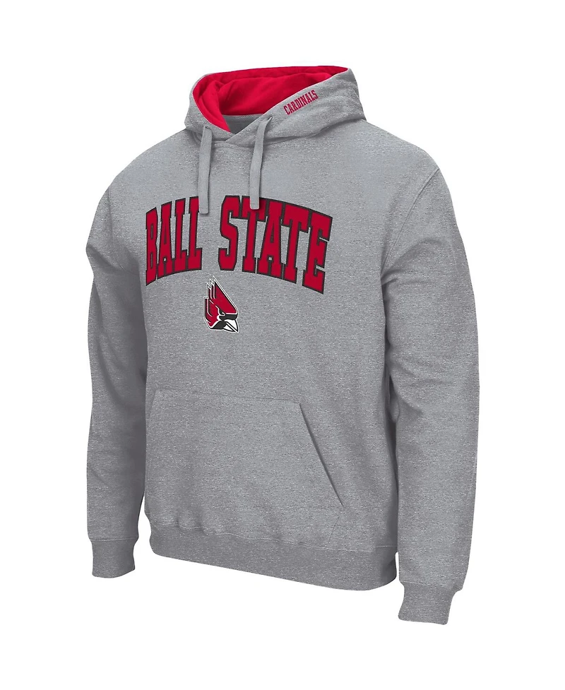 Men's Colosseum Heathered Gray Ball State Cardinals Arch & Logo 3.0 Pullover Hoodie