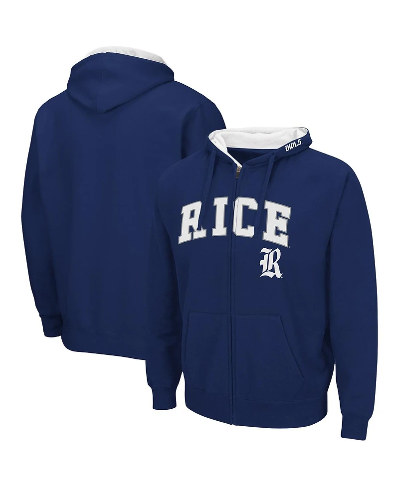 Men's Colosseum Navy Rice Owls Arch and Logo 3.0 Full-Zip Hoodie