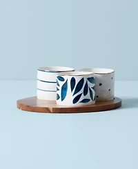 Lenox Blue Bay Set/3 Round Snack Bowls with Wood Tray