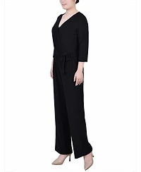 Ny Collection Petite Short 3/4 Sleeve Belted Wide Leg Jumpsuit